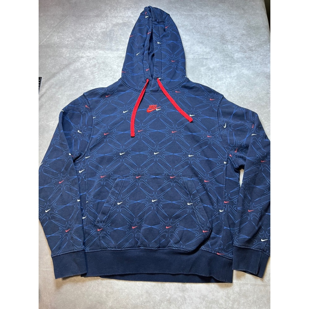 Nike Mens Small Navy Blue All Over Print Swoosh Pullover Hoodie Fleece